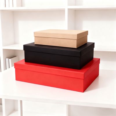 Ensemble de boîtes cadeaux plates de luxe personnalisées avec couvercle orange et sac en papier, avec pelliculage mat, gaufrage et dorure à chaud