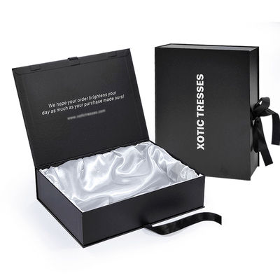 Boîte magnétique noire personnalisée haut de gamme vêtements carton boîte cadeau boîte d'emballage de cheveux humains boîte d'emballage avec soie satinée