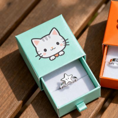 Boîtes à bagues personnalisées de luxe vintage avec logo, carton ivoire avec doublure en éponge et velours, estampage, vernissage, revêtement UV, impression et manipulation