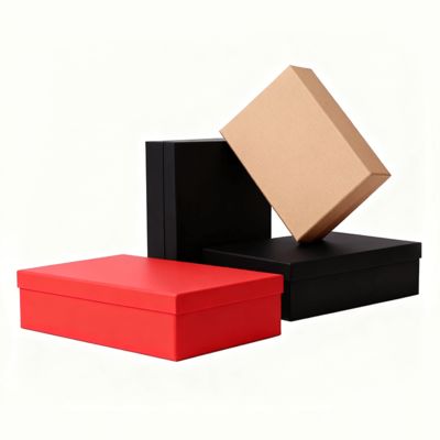 Ensemble de boîtes cadeaux plates de luxe personnalisées avec couvercle orange et sac en papier, avec pelliculage mat, gaufrage et dorure à chaud