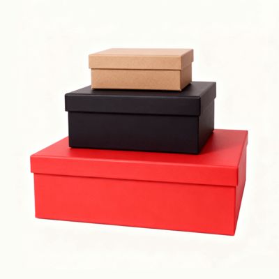 Ensemble de boîtes cadeaux plates de luxe personnalisées avec couvercle orange et sac en papier, avec pelliculage mat, gaufrage et dorure à chaud